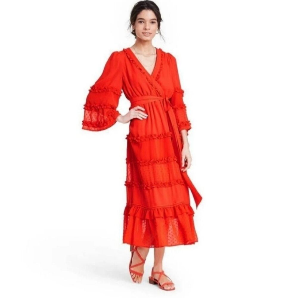 ALEXIS x Target Angel Sleeve Tiered Ruffle Dress Orange Women's Size Medium